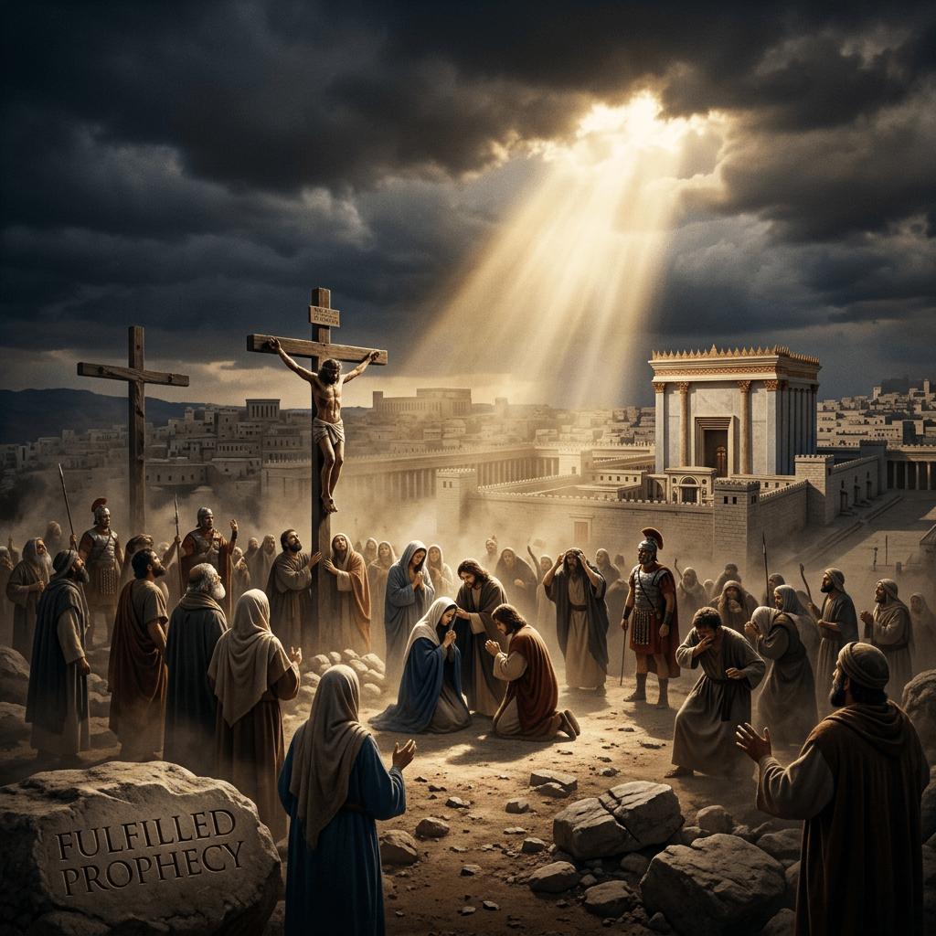 Jesus on the cross surrounded by mourning people with a temple in the background and light rays from the sky